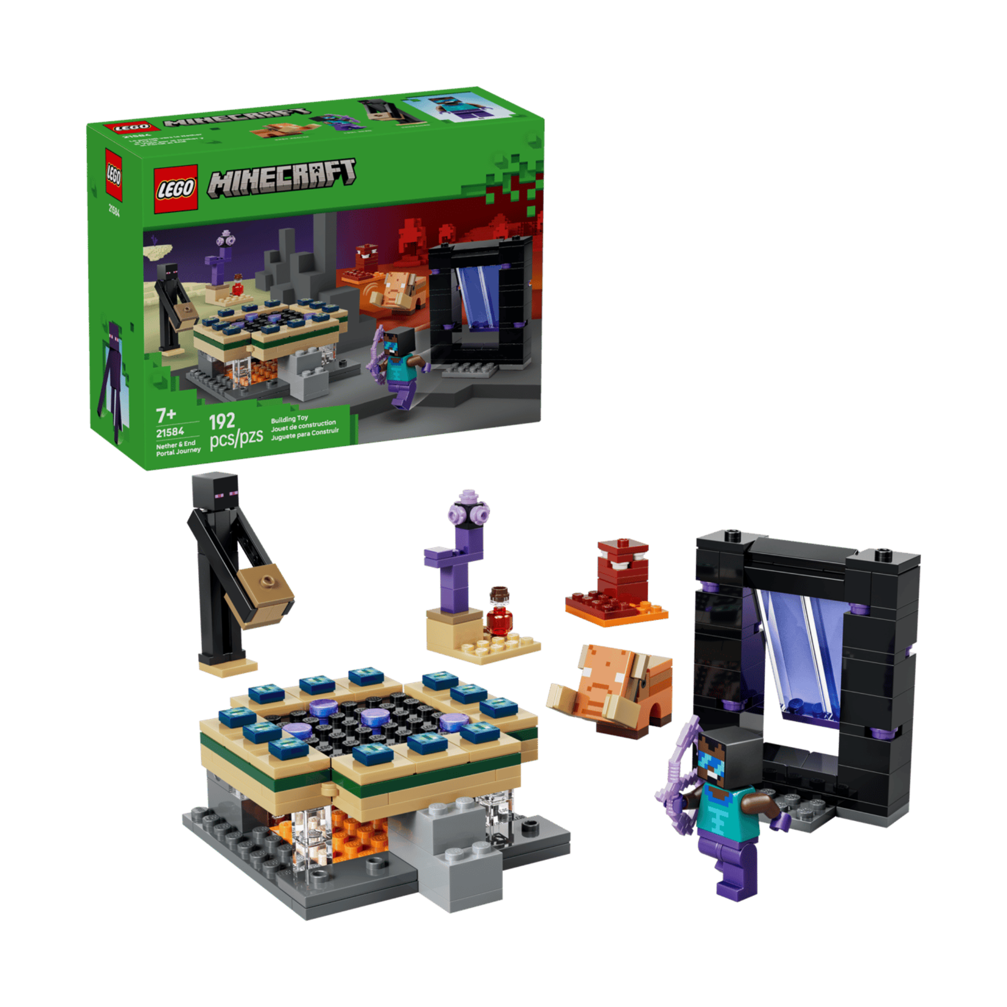 Colorful LEGO blocks depicting the Minecraft Nether and End Portal Journey with a character figure and portal structure.