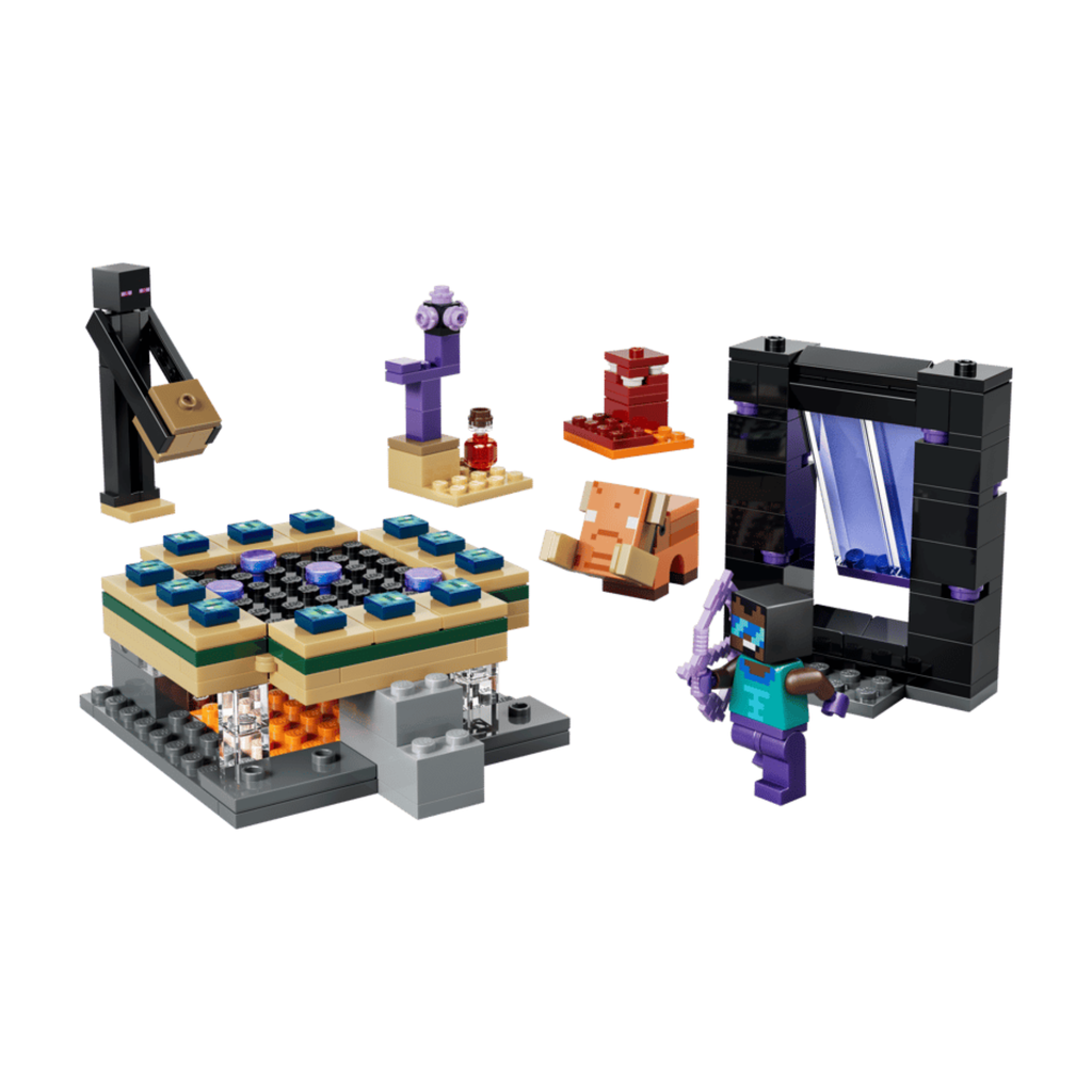 LEGO set showcasing a Minecraft scene with a portal structure, characters, and creatures from the game.
