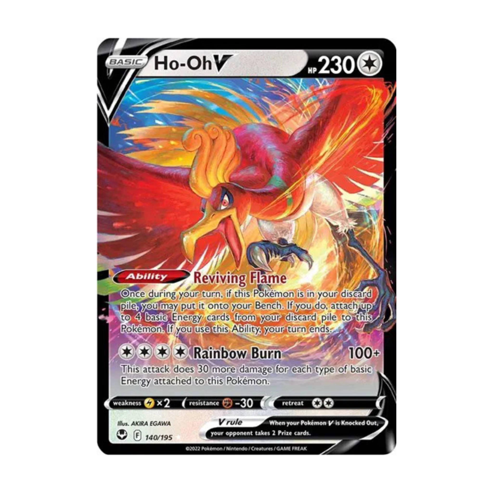 Colorful Ho-Oh V trading card featuring vibrant feathers, Reviving Flame ability, and Rainbow Burn attack with 230 HP.