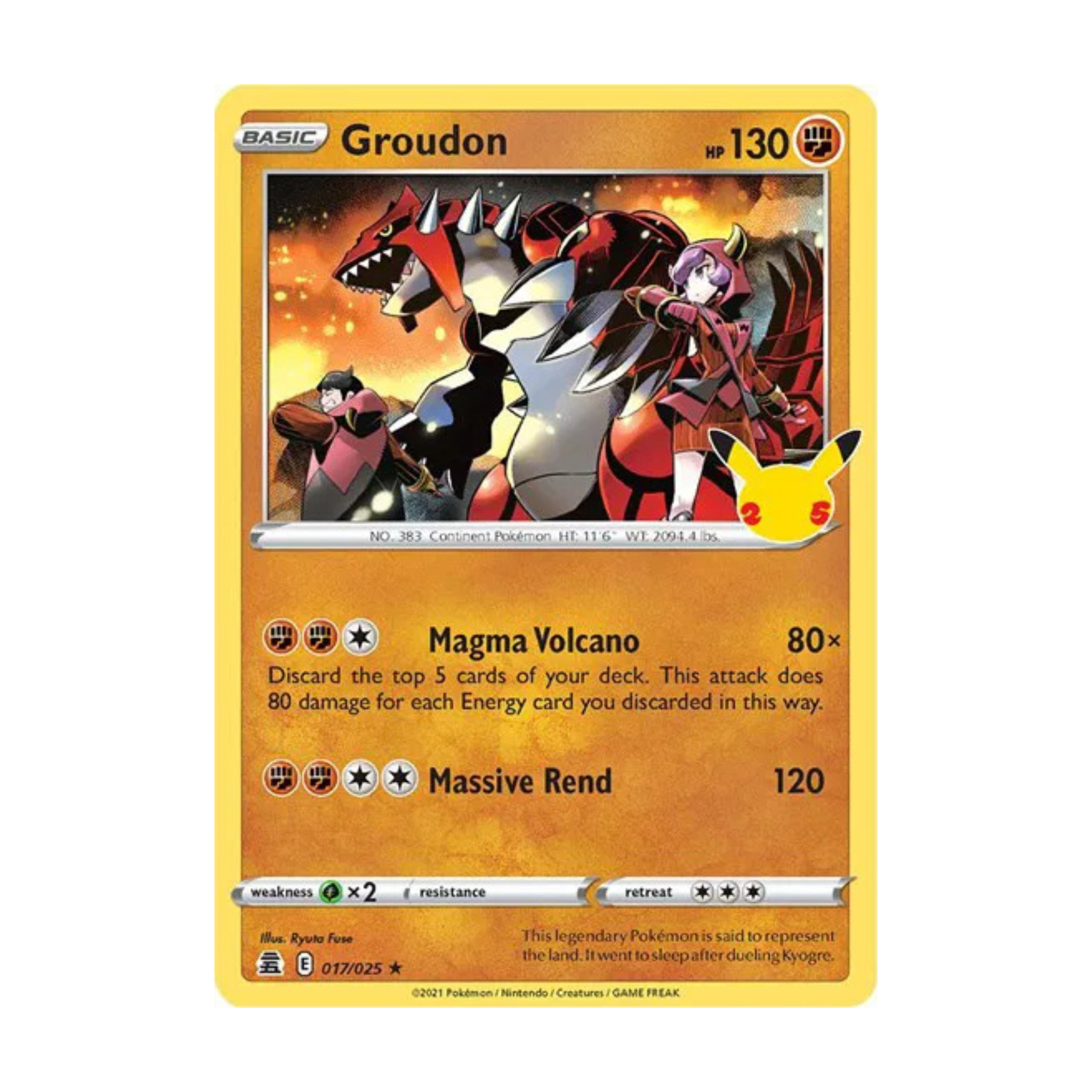 Groudon trading card featuring a Pokémon character with 130 HP, attacks Magma Volcano and Massive Rend, and a yellow background.