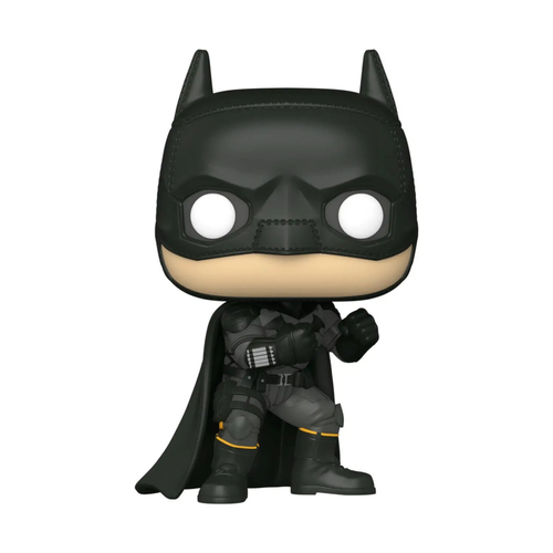 Stylized Funko Pop figure of Batman in a dark costume with a black mask and cape, featuring large round eyes and a utility belt.