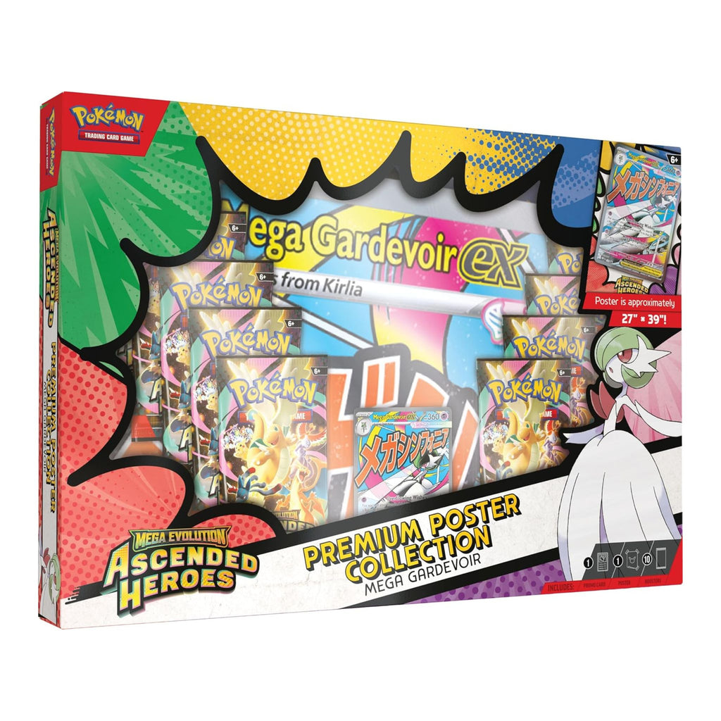 Boxed Mega Evolution—Ascended Heroes Premium Poster Collection featuring colorful Pokémon artwork and a large poster.