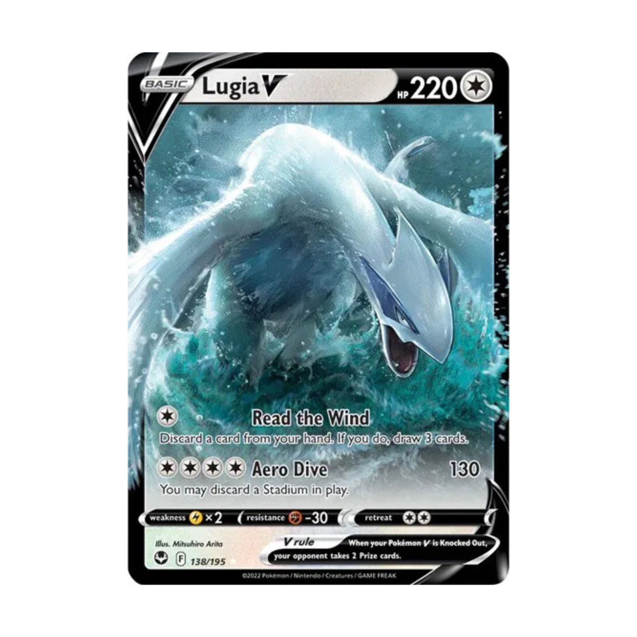 Lugia V trading card featuring a blue and white creature with abilities 'Read the Wind' and 'Aero Dive.'
