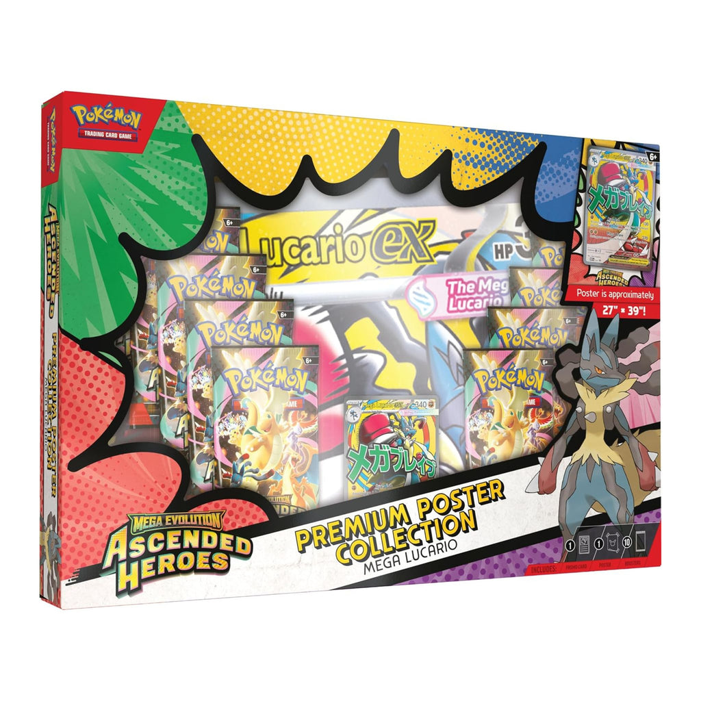 Boxed Mega Evolution—Ascended Heroes Premium Poster Collection featuring colorful Pokémon artwork and a Mega Lucario display.