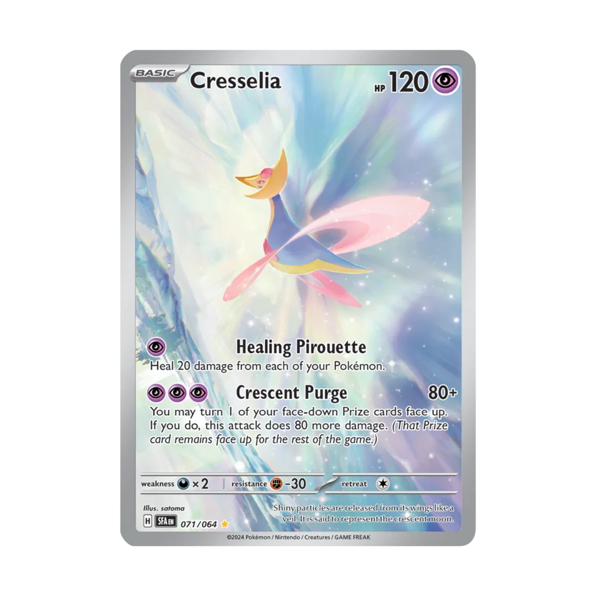 Cresselia Pokémon card featuring 120 HP, Healing Pirouette and Crescent Purge moves, with vibrant illustration and background.