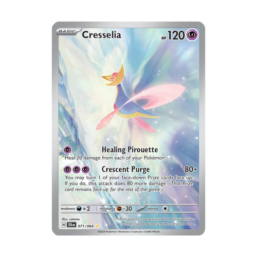 Cresselia Pokémon card featuring 120 HP, Healing Pirouette and Crescent Purge moves, with vibrant illustration and background.