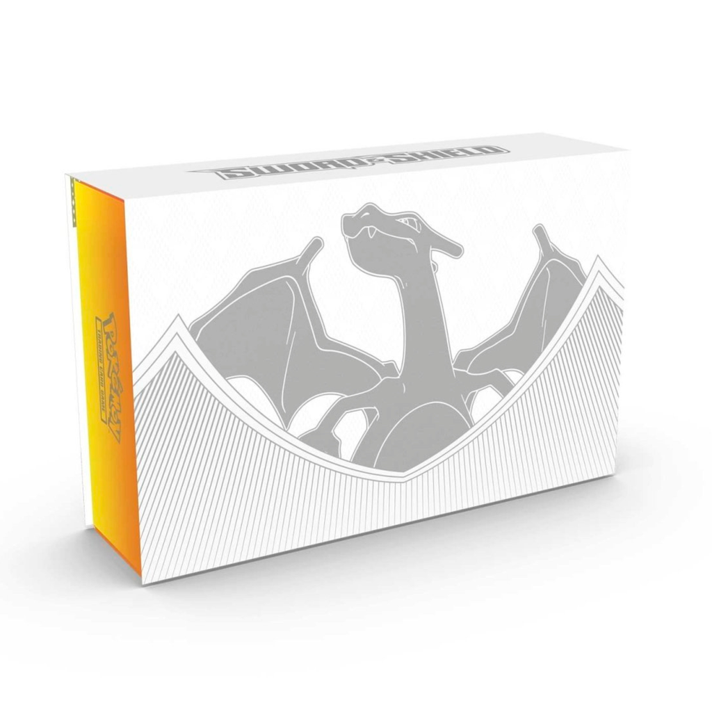 Box design featuring a dragon-like creature illustration in gray and orange with a textured pattern for the Pokémon TCG: Sword & Shield Ultra-Premium Collection—Charizard.
