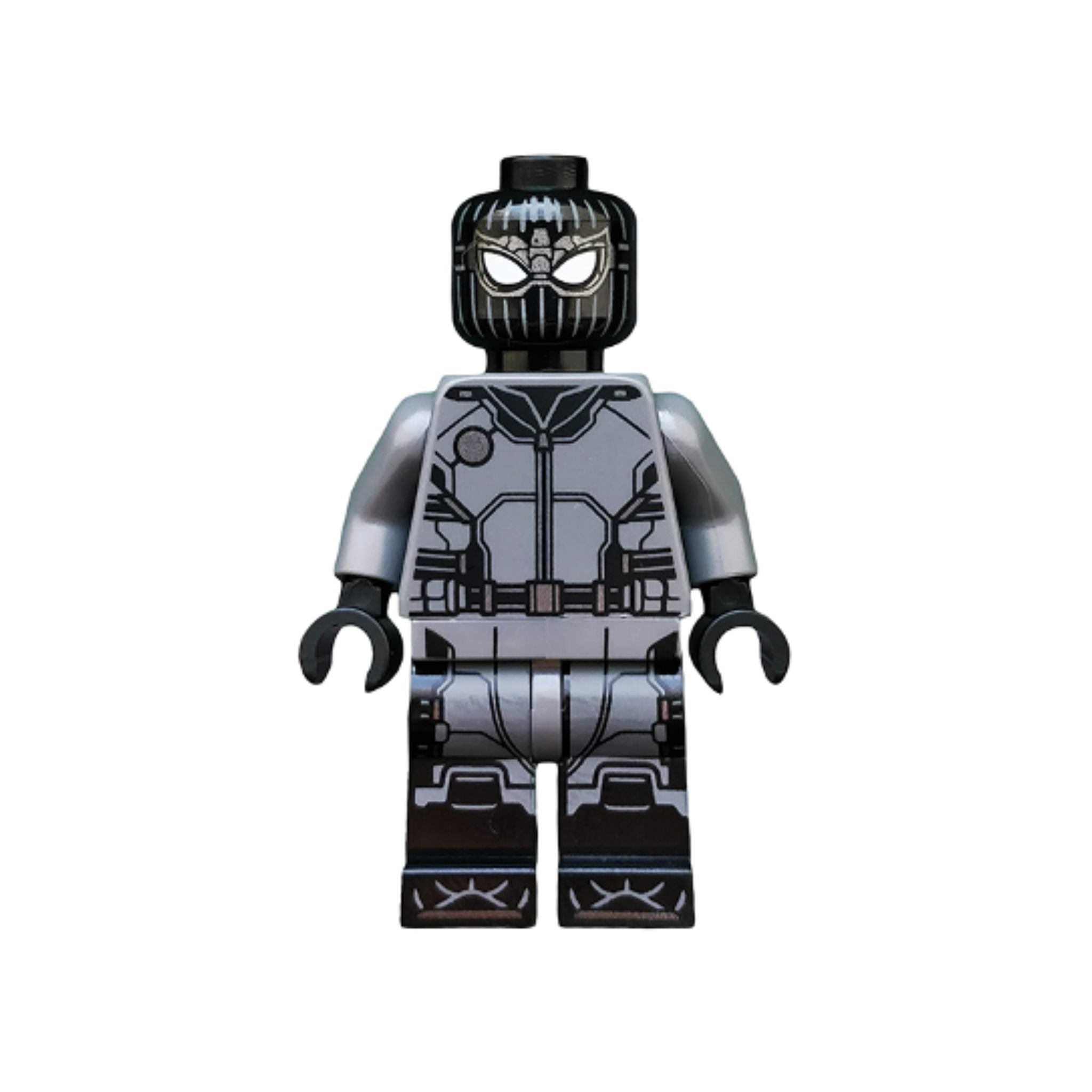 Black and gray Spider-Man minifigure in stealth suit with detailed mask and articulated limbs.