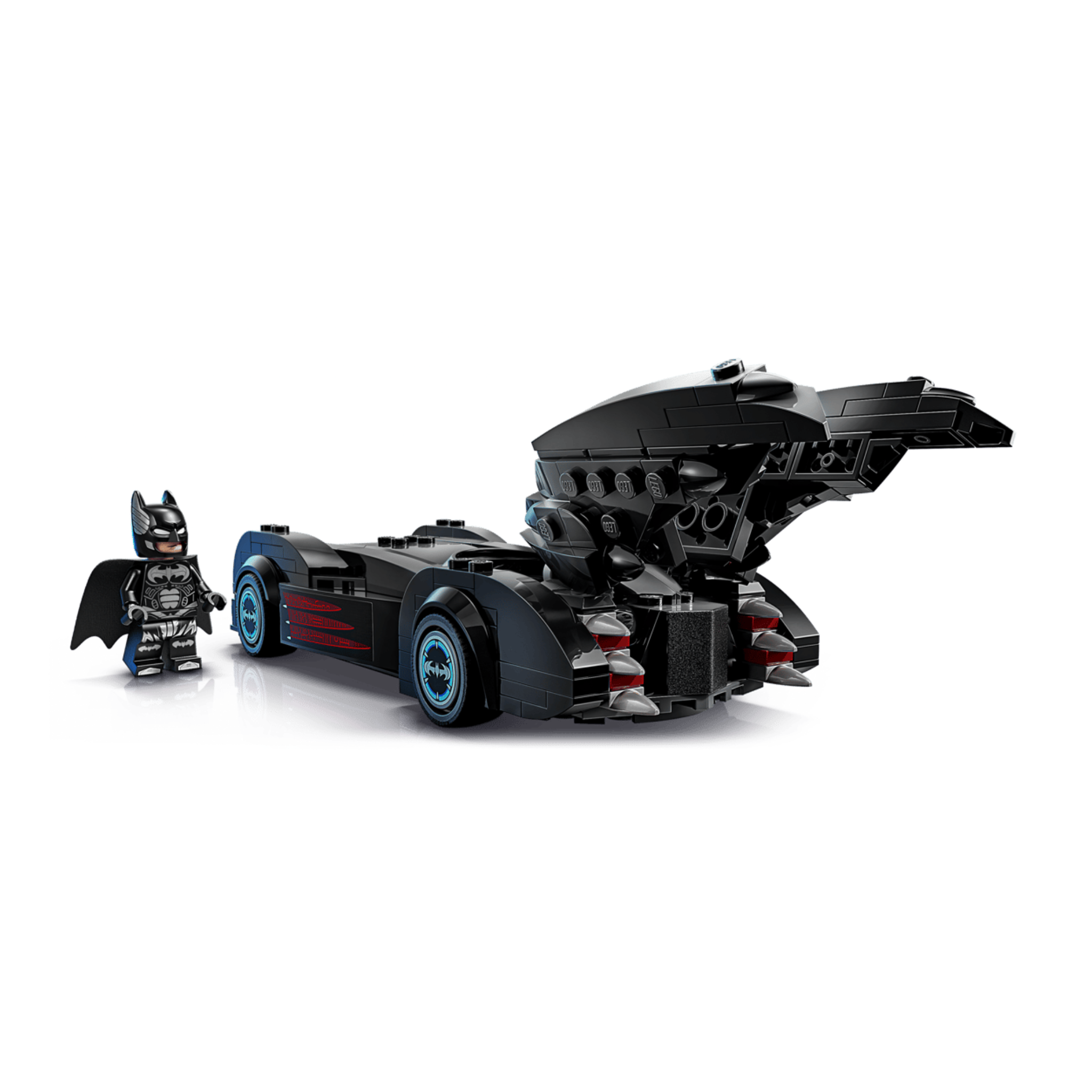 Batmobile model in black with blue accents alongside a Batman figure in a black suit with a cape and mask.