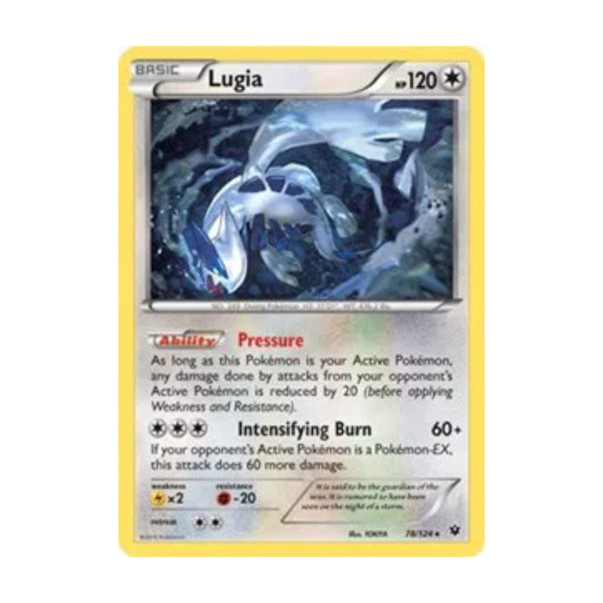 Lugia Pokémon trading card featuring 120 health points, Pressure ability, and Intensifying Burn move with 60+ damage.
