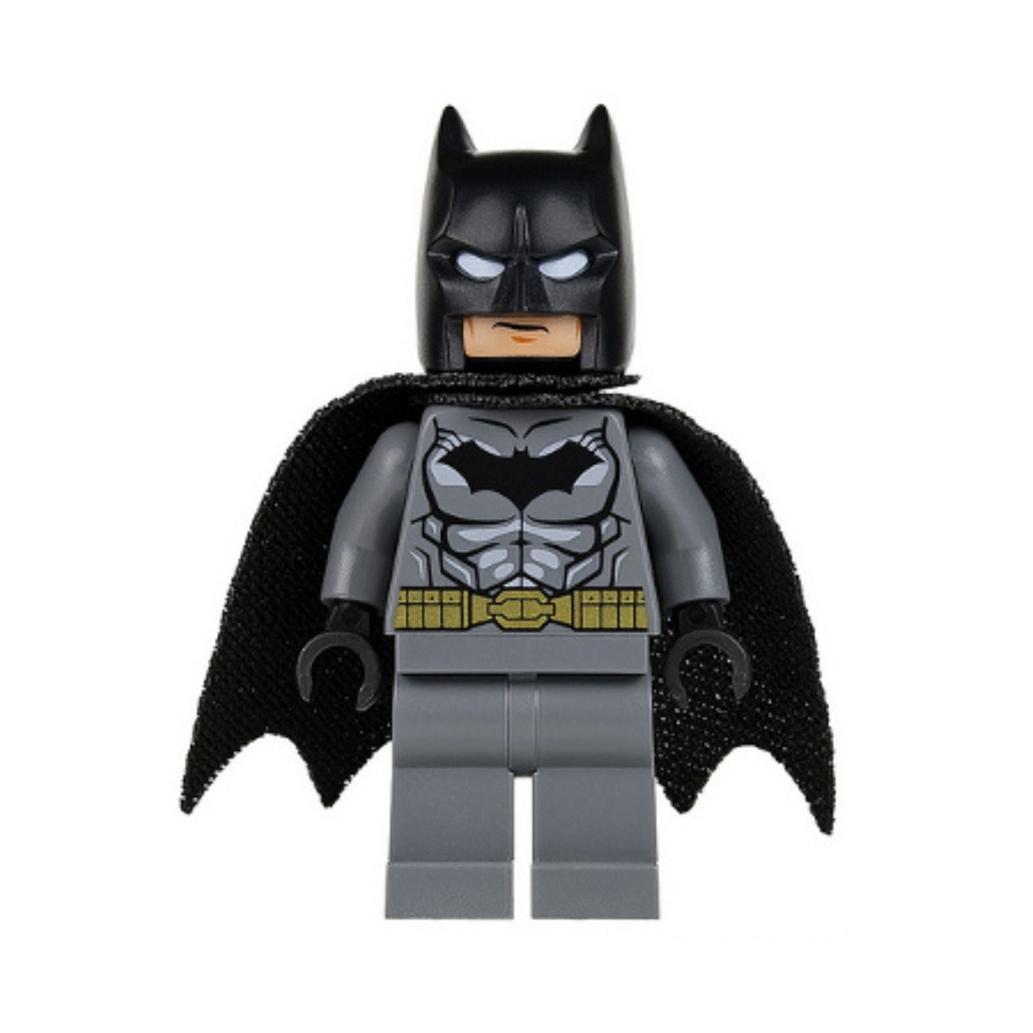 Batman minifigure with a black cape, gray body, and bat emblem, featuring a black cowl and facial details.