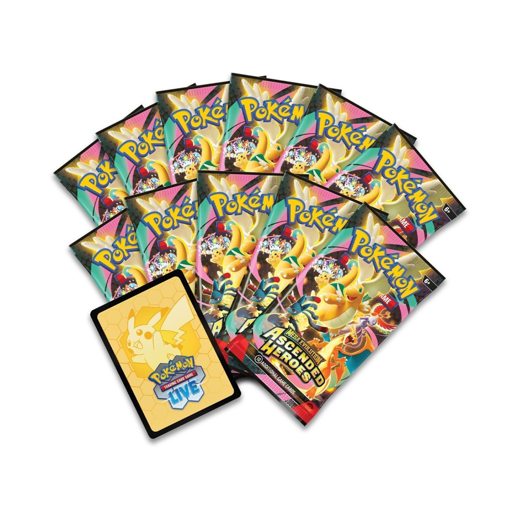 Collection of Pokémon trading card game booster packs with a Pikachu promotional card in the foreground.
