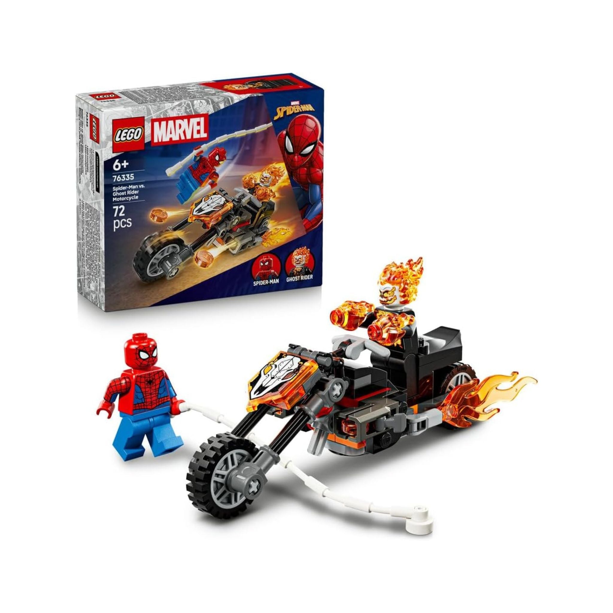 LEGO set featuring Spider-Man and Ghost Rider with a motorcycle and two minifigures, suitable for ages 6 and up.