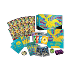 Pokémon TCG Elite Trainer Box featuring a colorful design with booster packs, game tokens, and a player's guide.