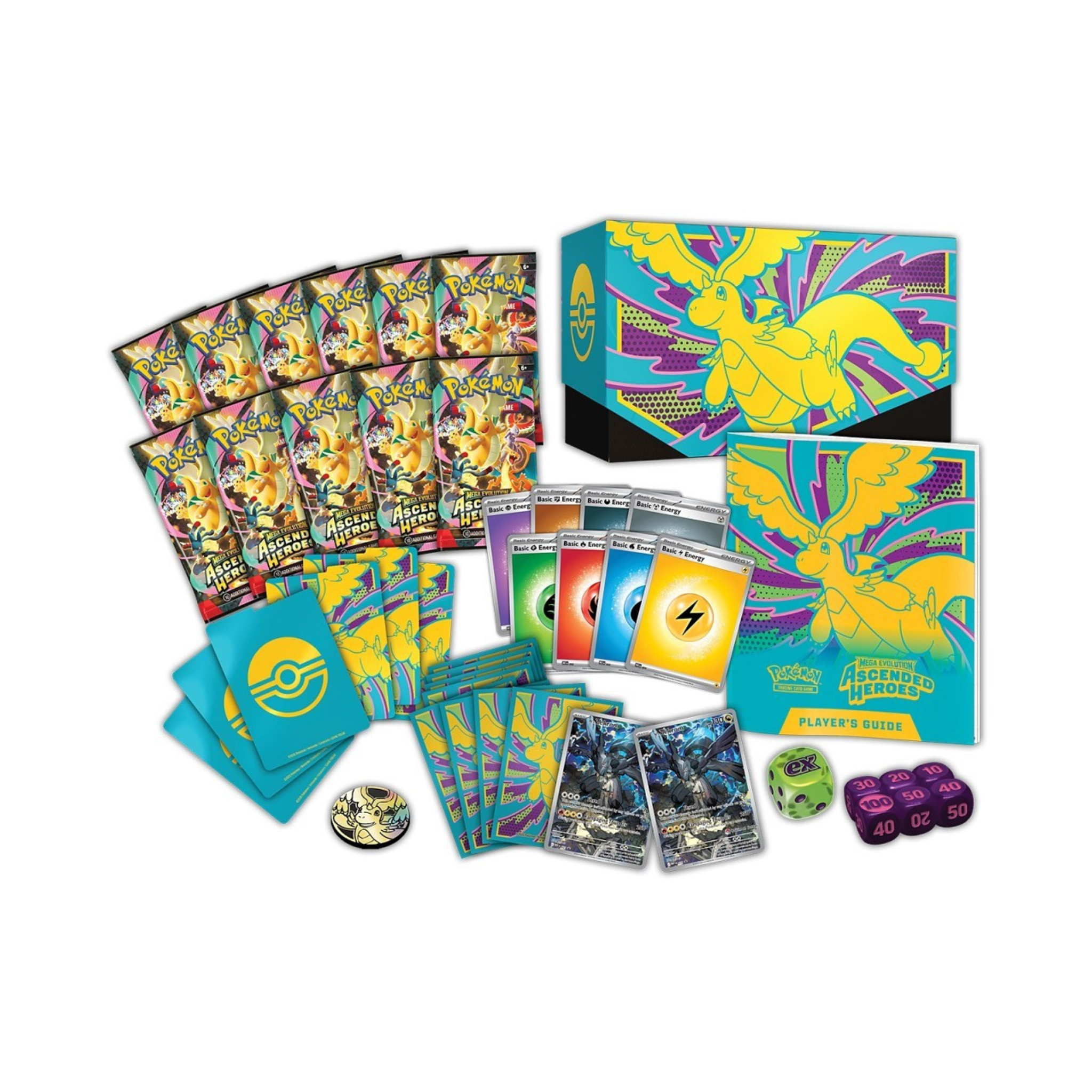 Pokémon TCG Elite Trainer Box featuring a colorful design with booster packs, game tokens, and a player's guide.