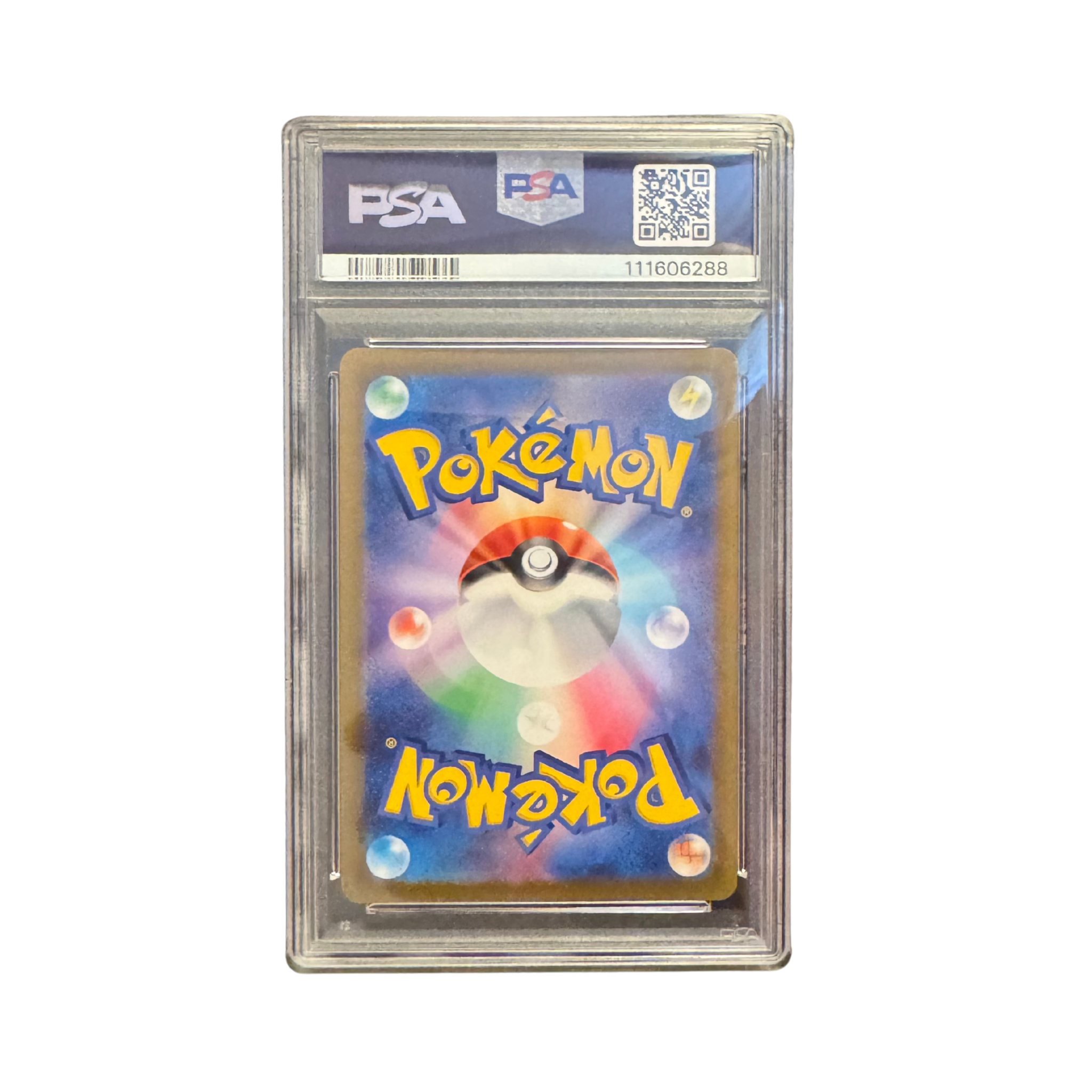 Colorful Raikou v trading card in a protective case with PSA 10 grading label and QR code.