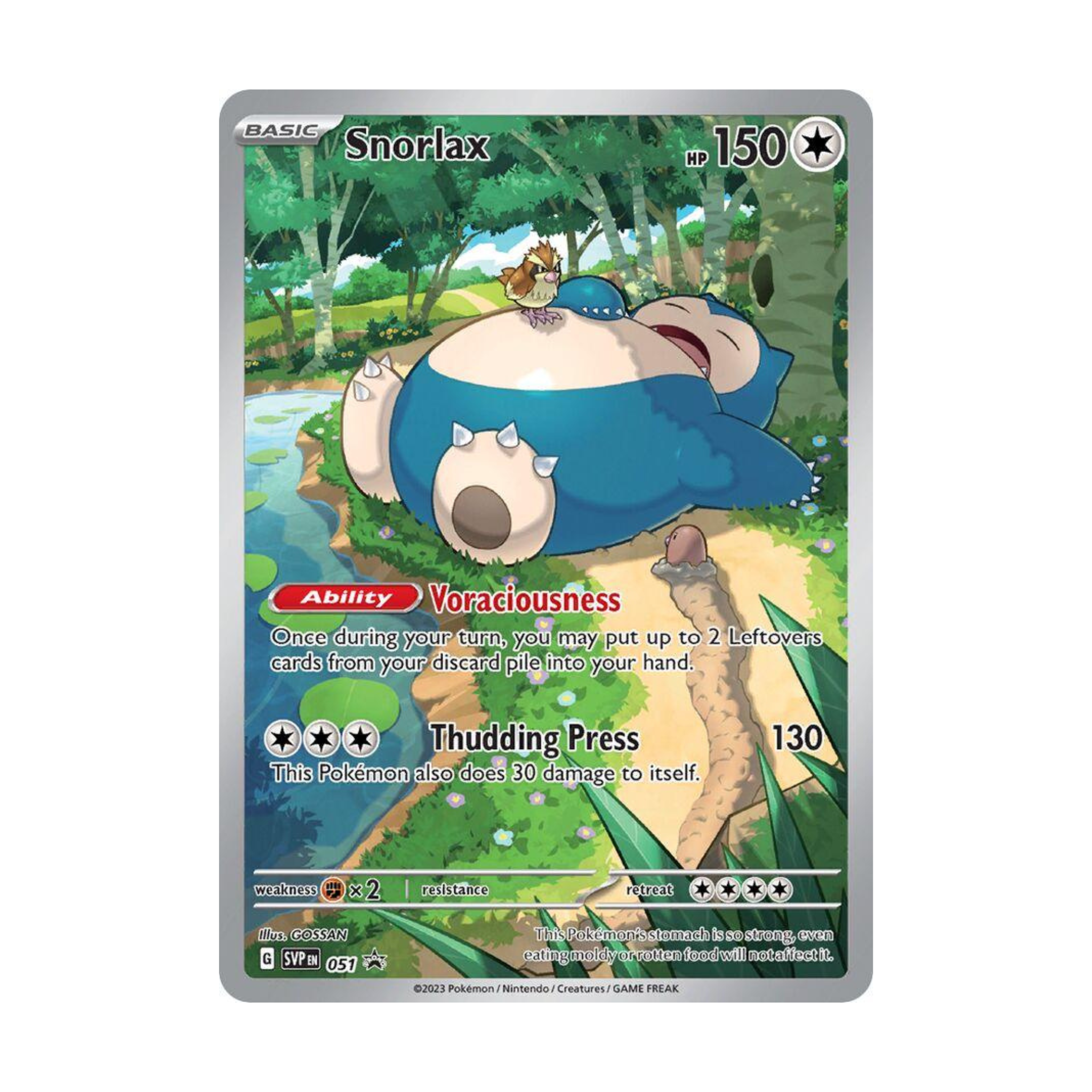 Sealed Snorlax Pokémon card featuring HP 150 and abilities Voraciousness and Thudding Press.
