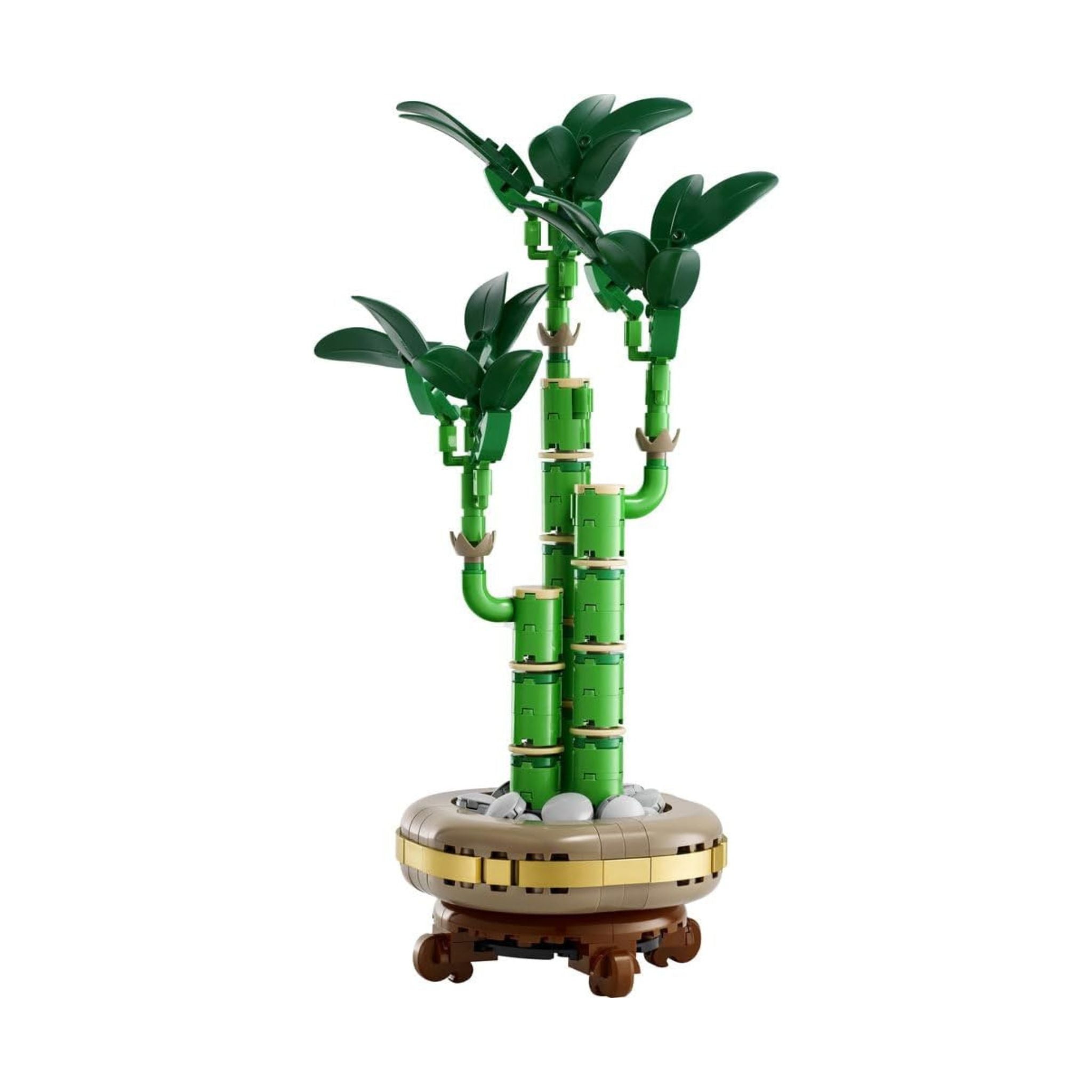 Model of LEGO Lucky Bamboo featuring green stalks and leaves on a circular base with stone-like elements.