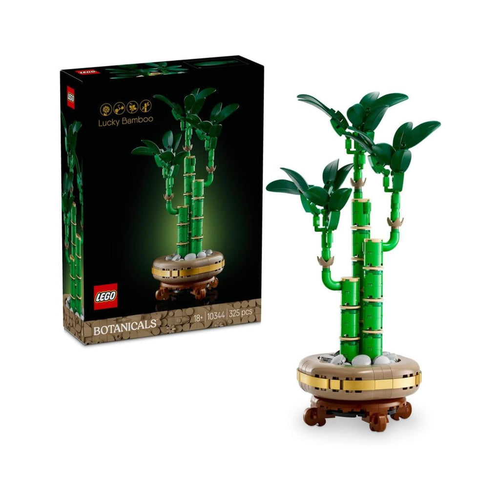 LEGO Lucky Bamboo set featuring a green bamboo plant with multiple stalks and a circular brown base with white stones.