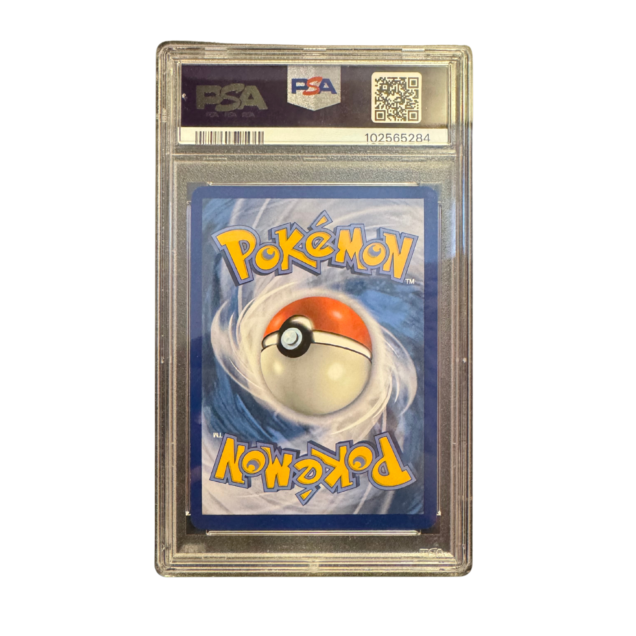 Trading card in protective case featuring a Poké Ball design and PSA grading label, showcasing Latios PSA 10.