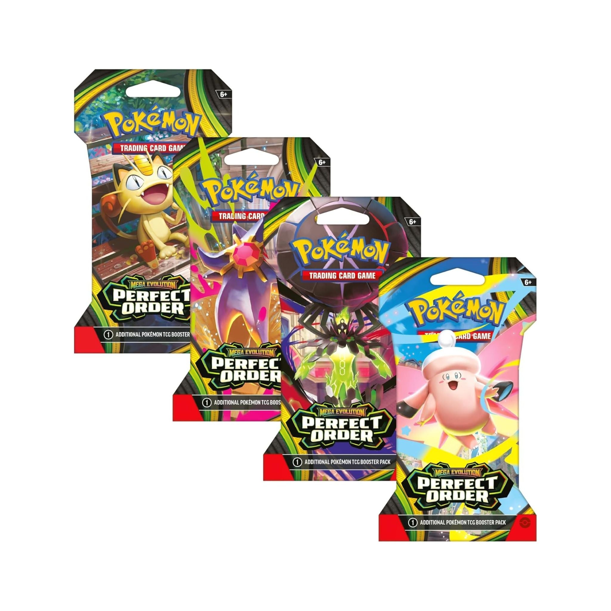 Three Pokémon TCG: Perfect Order Sleeved Booster Packs featuring unique artwork and characters arranged with a colorful background.