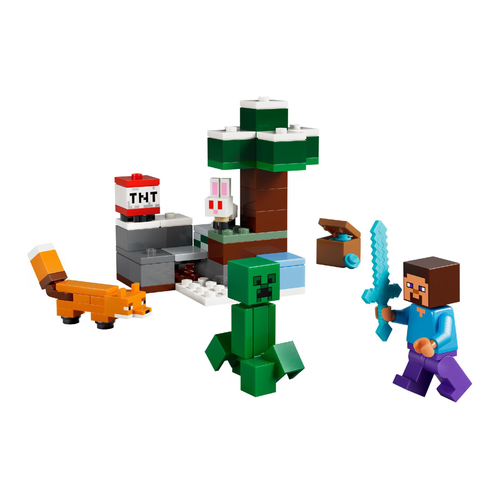 LEGO set featuring a character with a sword, a green creature, a fox, a tree, and a rabbit in a taiga scene.