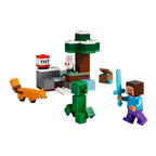 LEGO set featuring a character with a sword, a green creature, a fox, a tree, and a rabbit in a taiga scene.