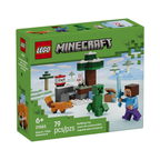 LEGO Minecraft Steve's Taiga Adventure set featuring Steve, a creeper, a fox, and a tree with TNT block.