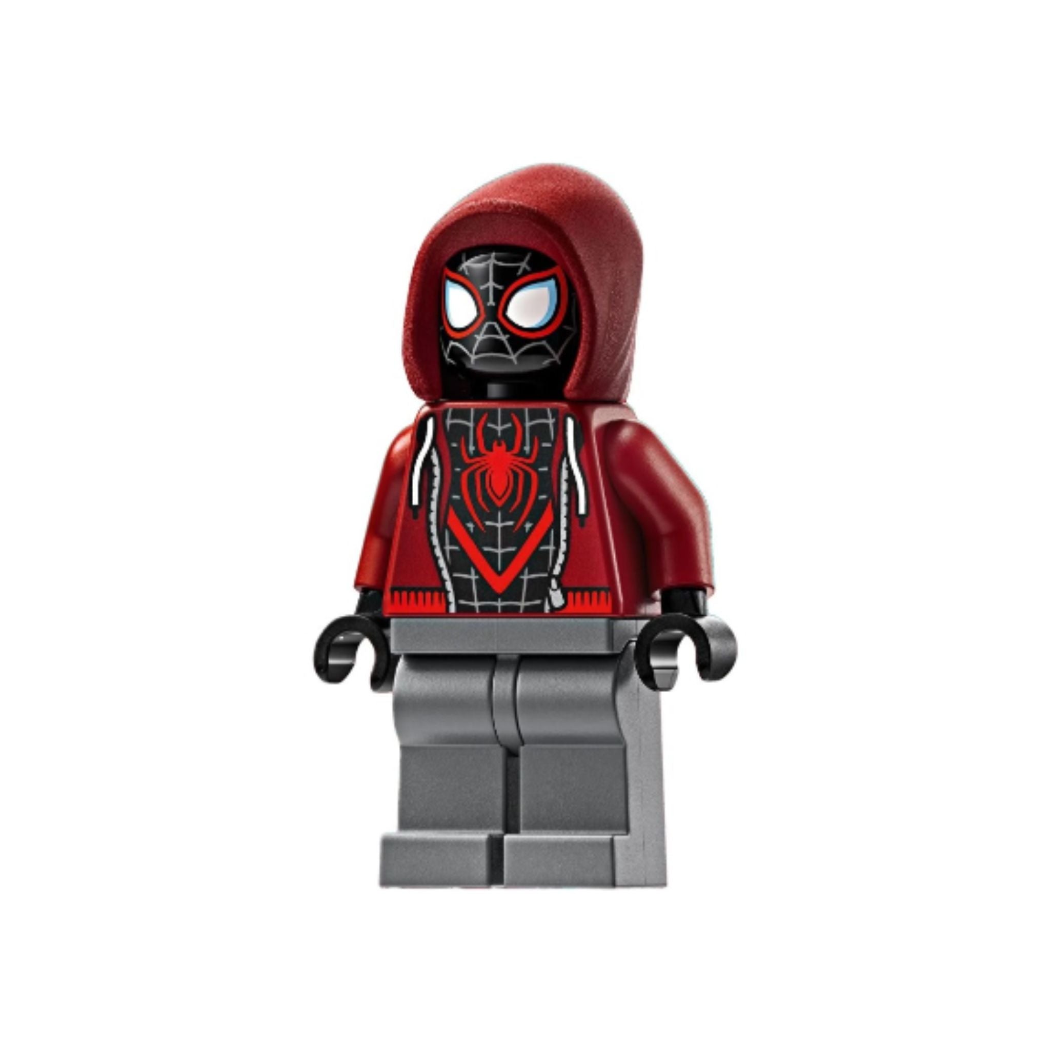 Minifigure resembling Miles Morales in a red hoodie with a spider emblem and a black mask, featuring large eyes and gray legs.