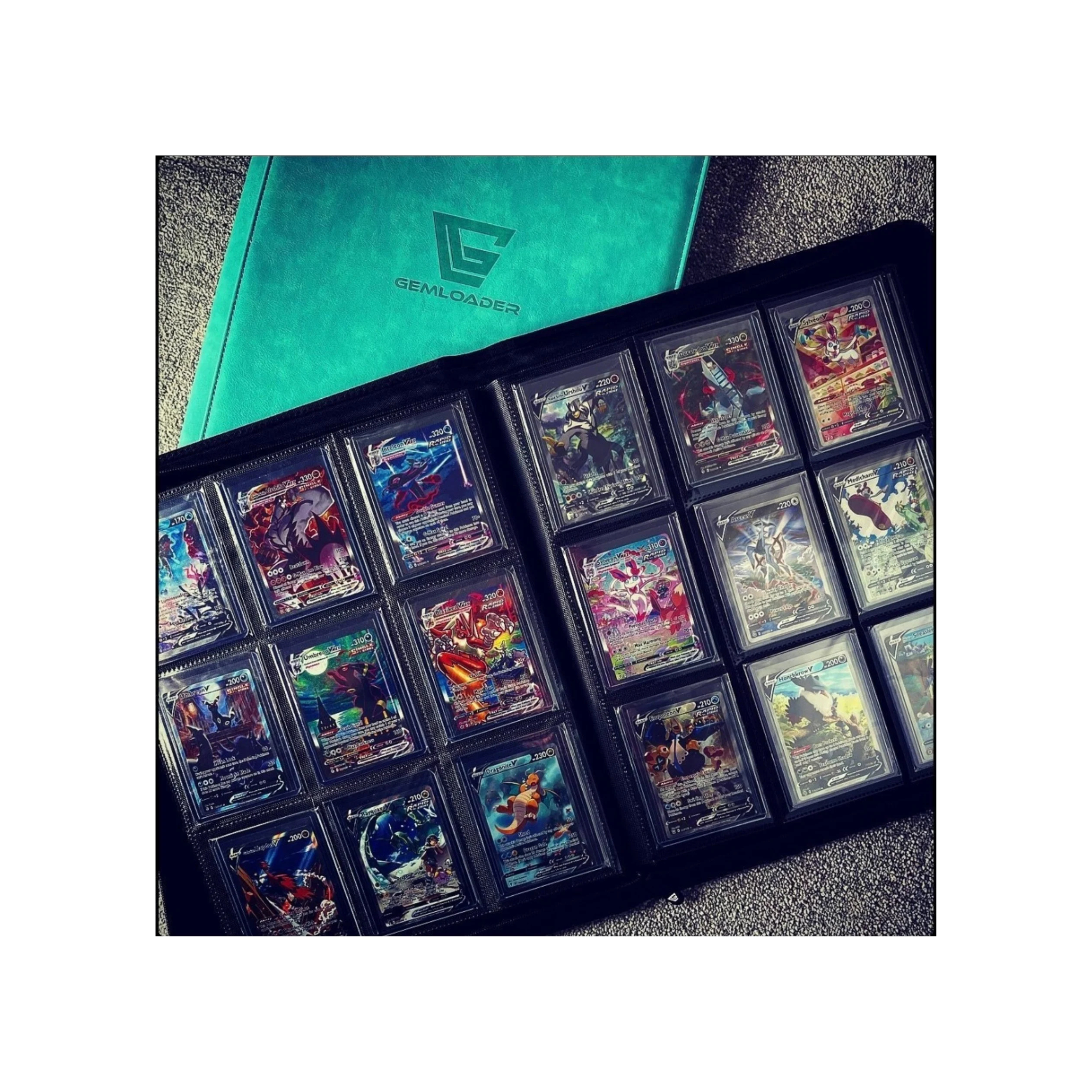 GemLoader Premium toploader binder open showing 3x3 pocket grid for card storage and display