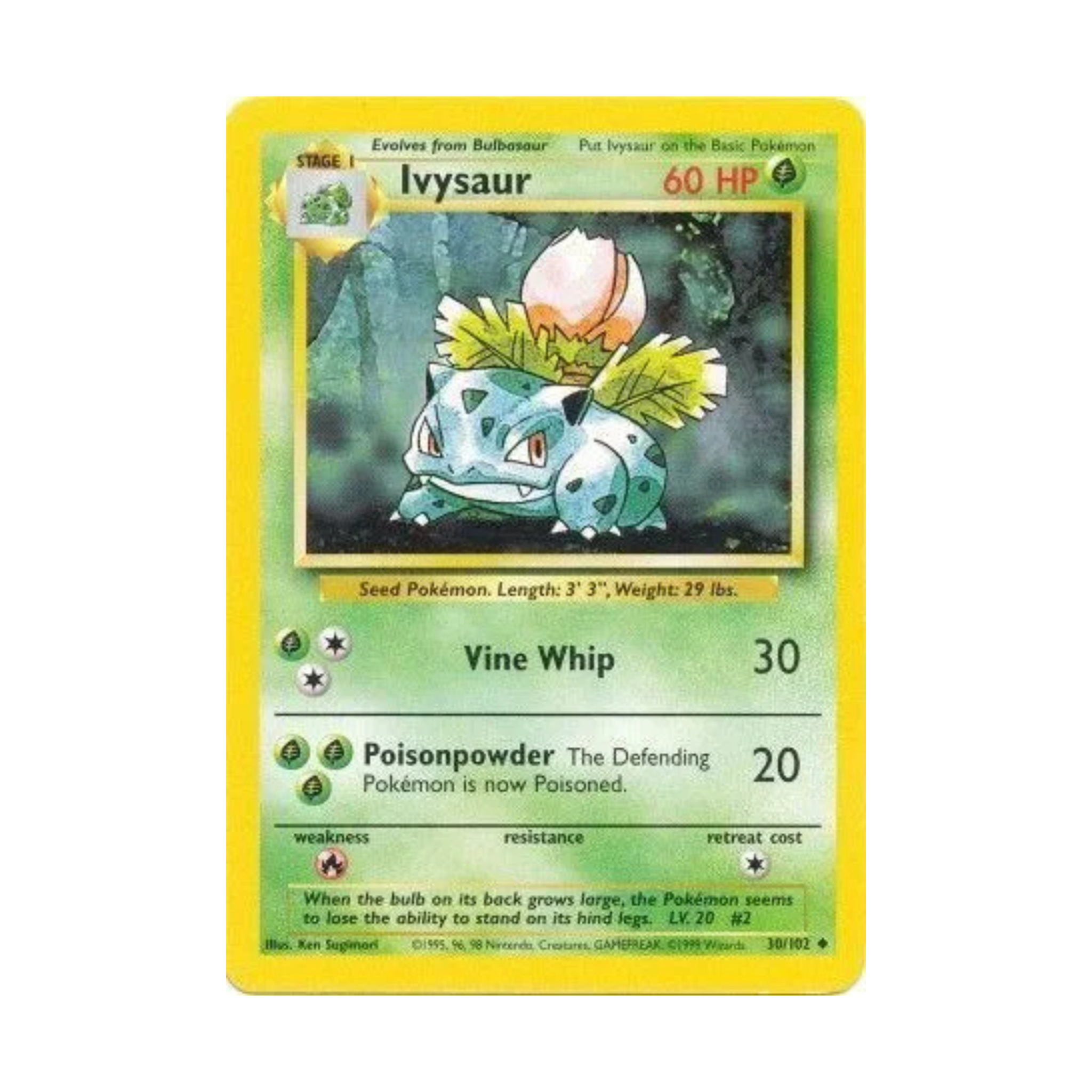Trading card featuring Ivysaur with 60 HP, Vine Whip and Poisonpowder attacks, and a description of its evolution from Bulbasaur.