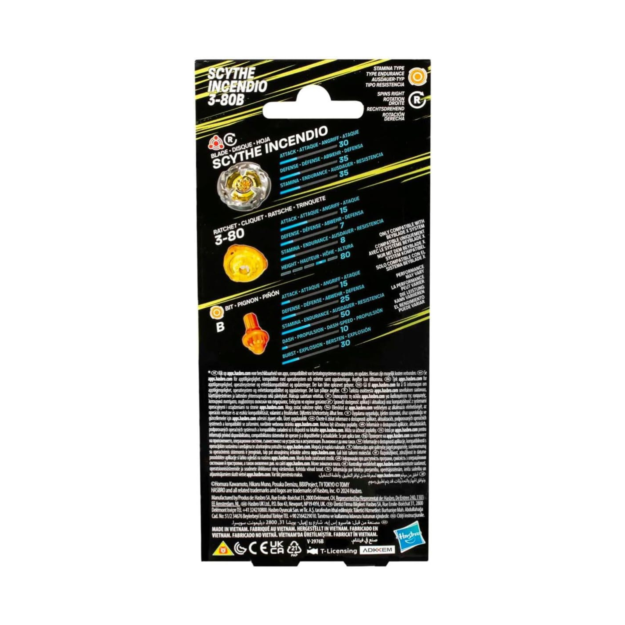 Beyblade X Scythe Incendio 3-80B – fiery scythe blade design with 3-80 ratchet and Ball bit detail