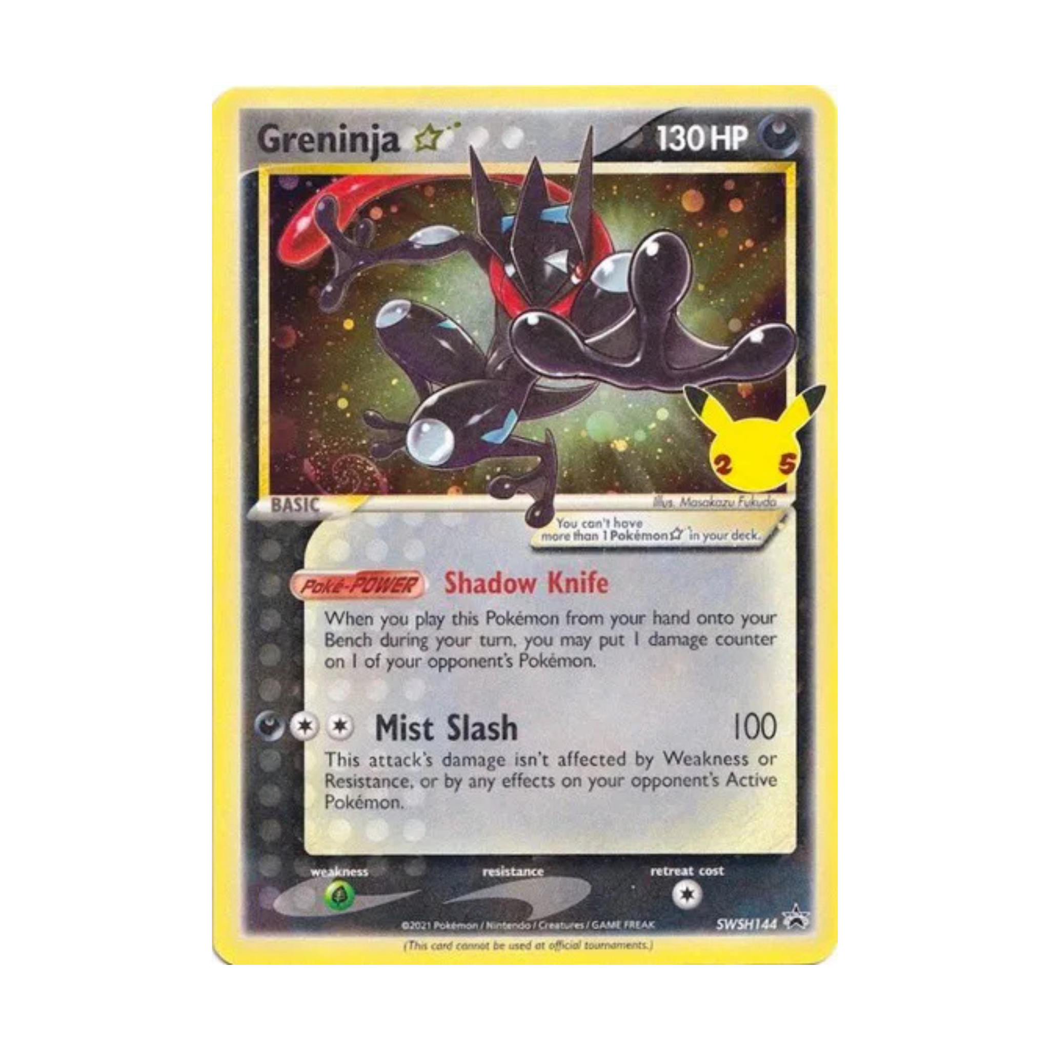 Greninja Pokémon card featuring a gold star symbol, 130 HP, and attacks 'Shadow Knife' and 'Mist Slash.'