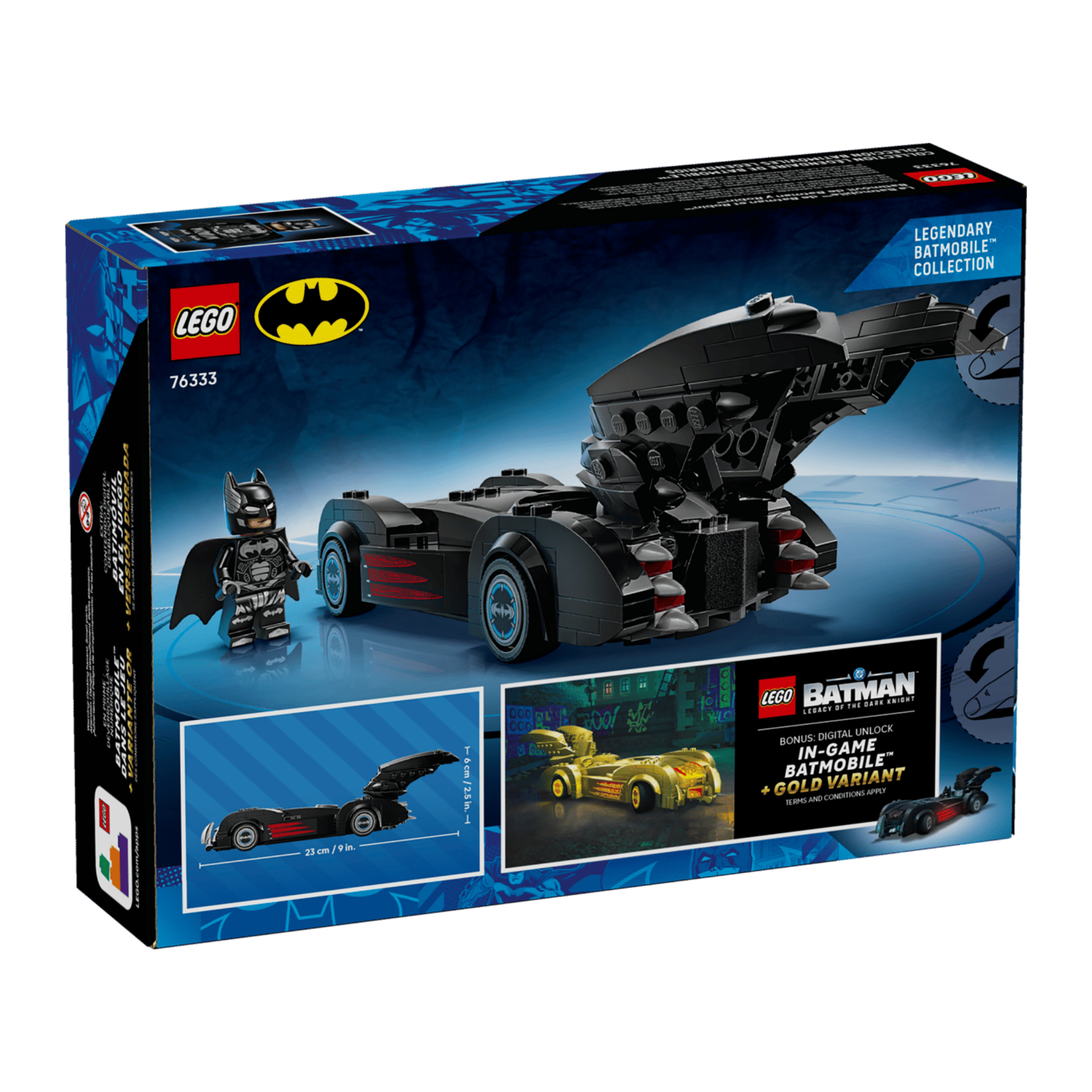 Boxed LEGO set featuring the Batmobile and a Batman figure, part of the LEGO Batman collection, set number 76333.