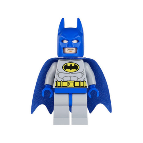 Light bluish superhero minifigure with a blue cape, gray body, and bat symbol on the chest. Features pointed ears and facial expression.