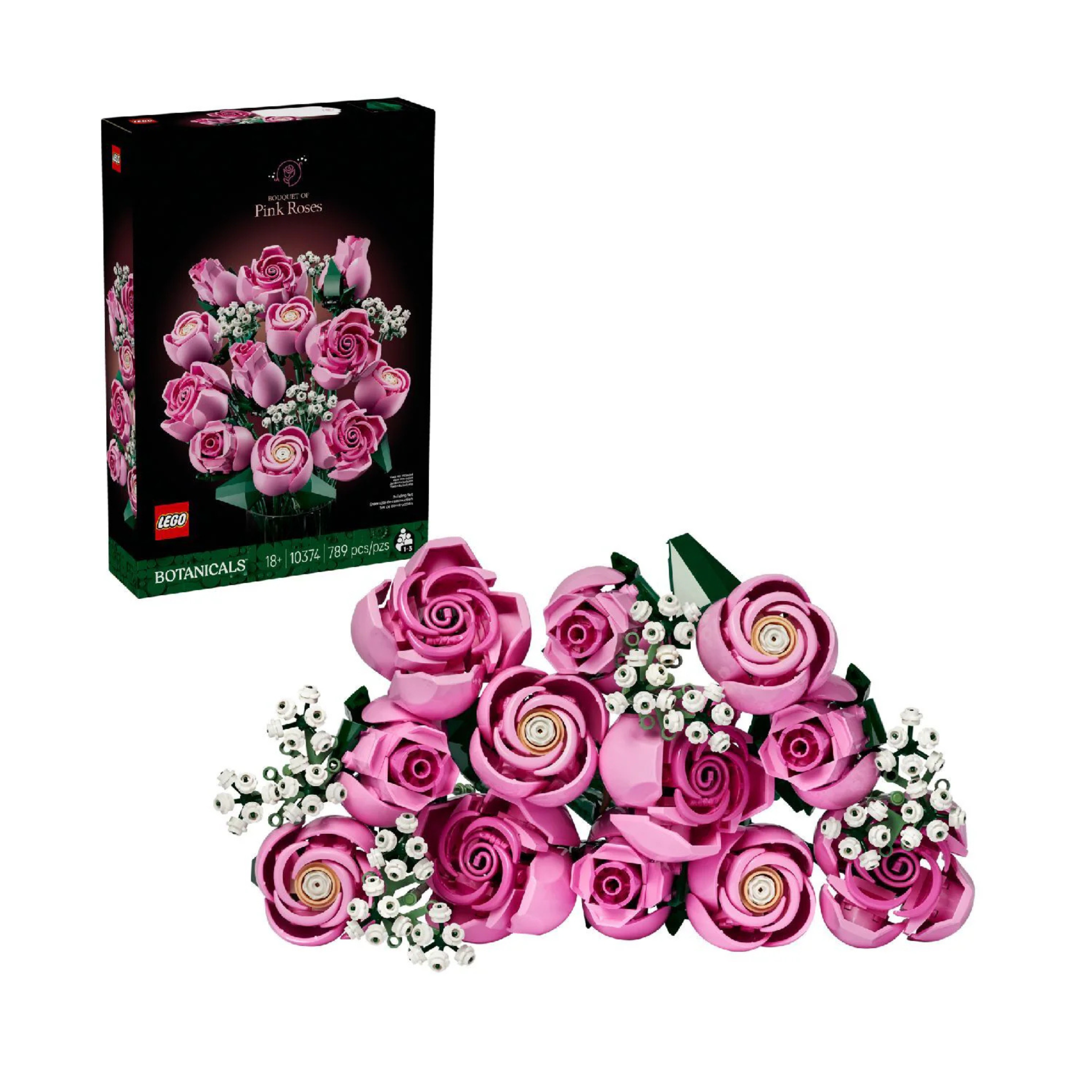 Bouquet of pink roses made from LEGO® pieces, featuring multiple roses and green leaves, with a box design visible.