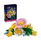 Colorful LEGO Petite Sunny Bouquet set featuring various flower elements in a bouquet arrangement with botanical-themed packaging.