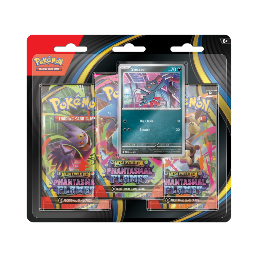 Blister pack containing three Pokémon TCG: Phantasmal Flames packs with a visible Sneasel card featuring HP and attack moves.