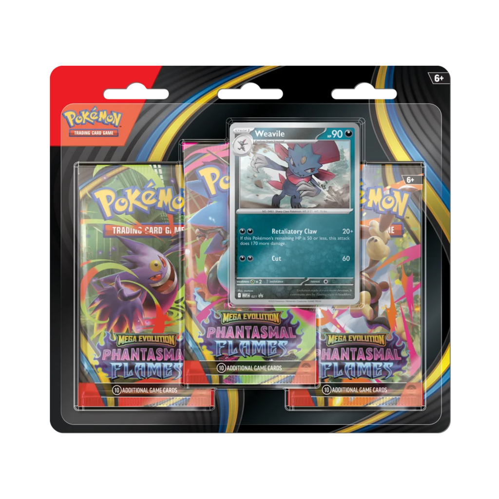 Blister pack containing three Pokémon TCG: Phantasmal Flames packs featuring a Weavile card with stats. Recommended age 6+.