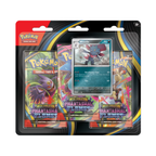Blister pack containing three Pokémon TCG: Phantasmal Flames packs featuring a Weavile card with stats. Recommended age 6+.