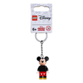 LEGO figure of Mickey Mouse with black head, red shorts, and yellow shoes attached to a metal key ring.