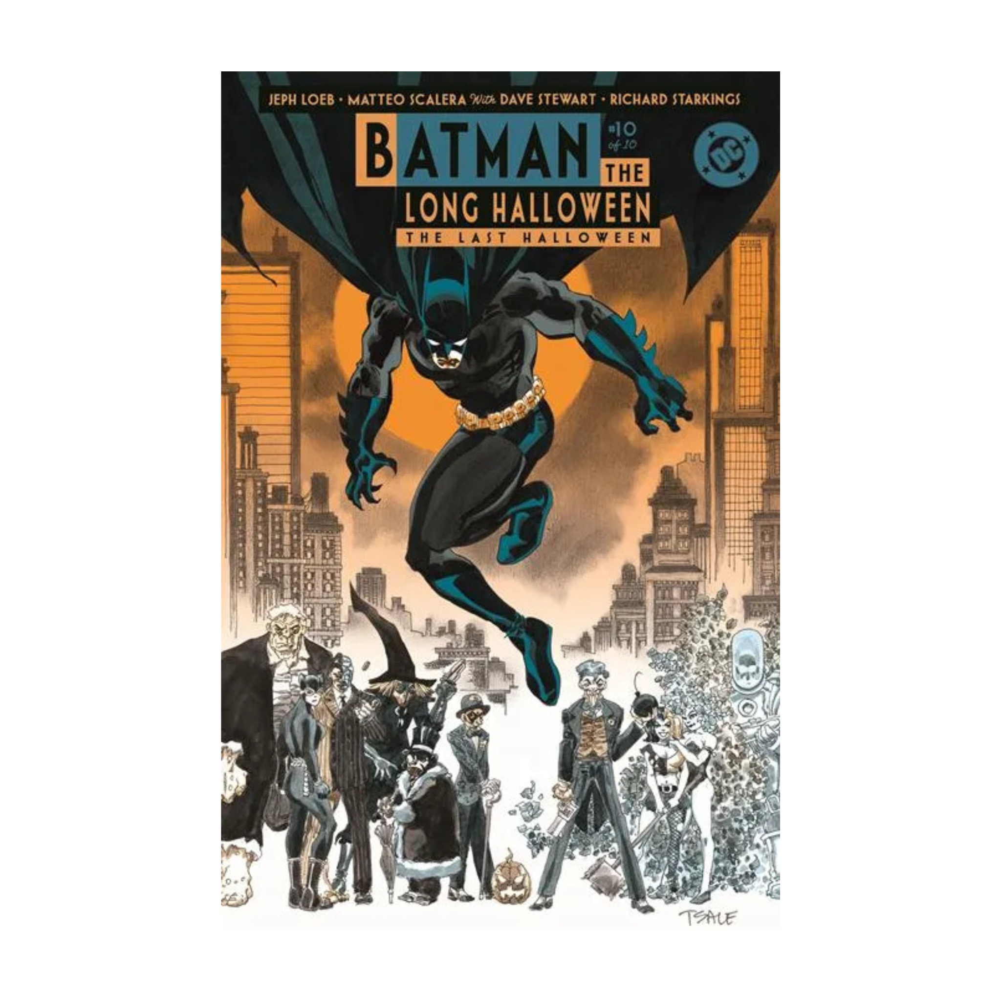 Batman in a dynamic pose on the cover of Batman: The Long Halloween: The Last Halloween #10, featuring various characters.