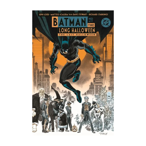 Batman in a dynamic pose on the cover of Batman: The Long Halloween: The Last Halloween #10, featuring various characters.