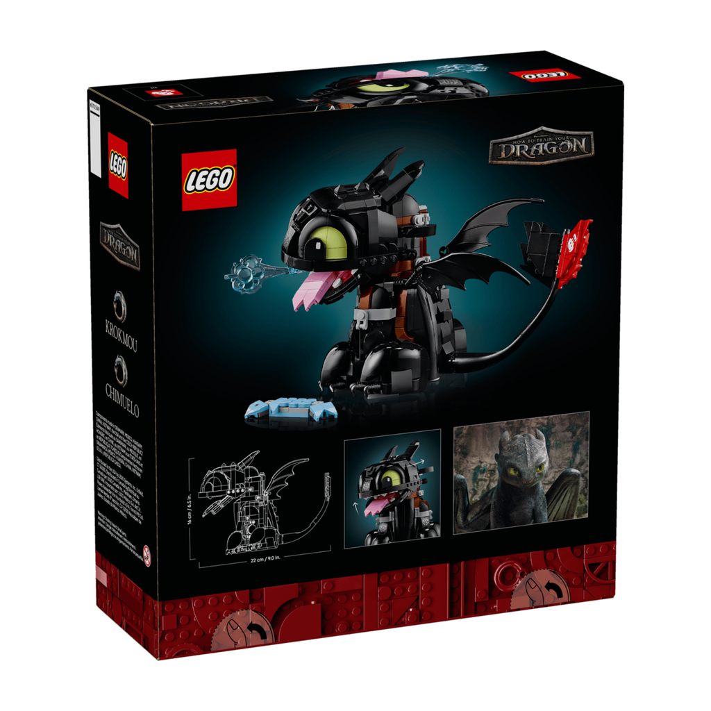 LEGO Toothless toy figure with black and green colors, featuring packaging illustrations from How to Train Your Dragon.