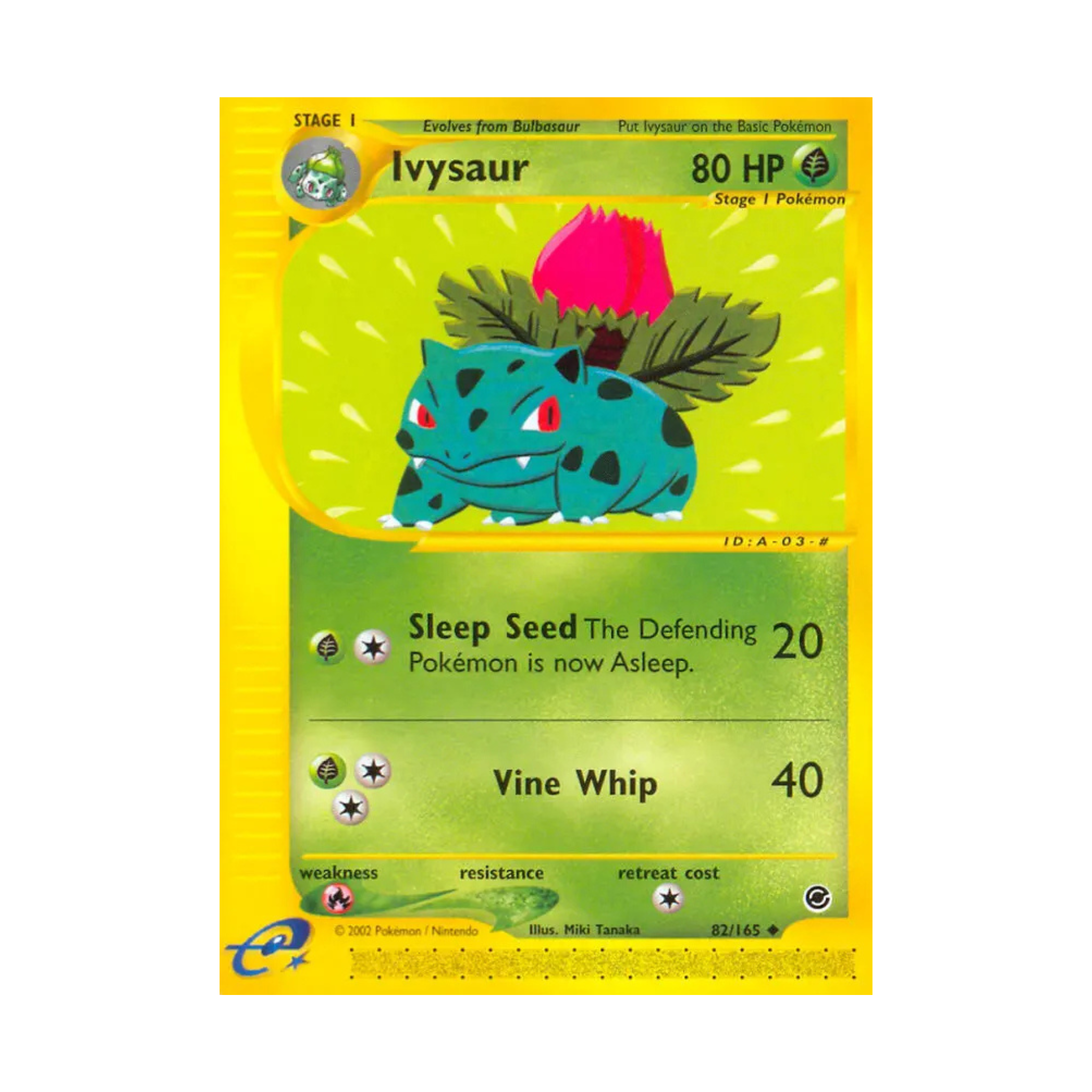 Ivysaur Pokémon card featuring 80 HP, moves Sleep Seed and Vine Whip, with a green and yellow floral design.