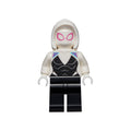 Minifigure with a white hood, pink-tinted eyes, and a black outfit featuring colorful accents on the torso.