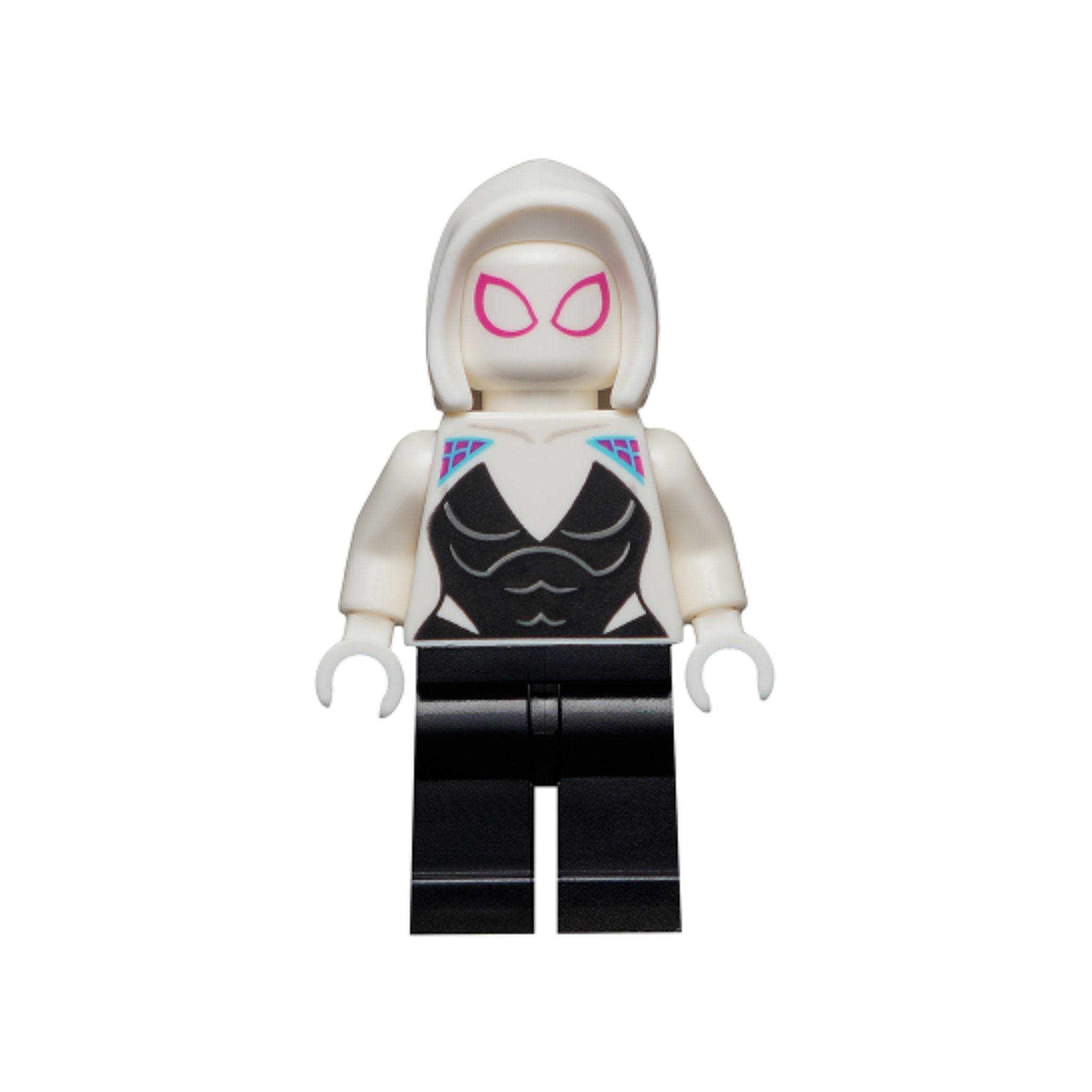 Minifigure with a white hood, pink-tinted eyes, and a black outfit featuring colorful accents on the torso.