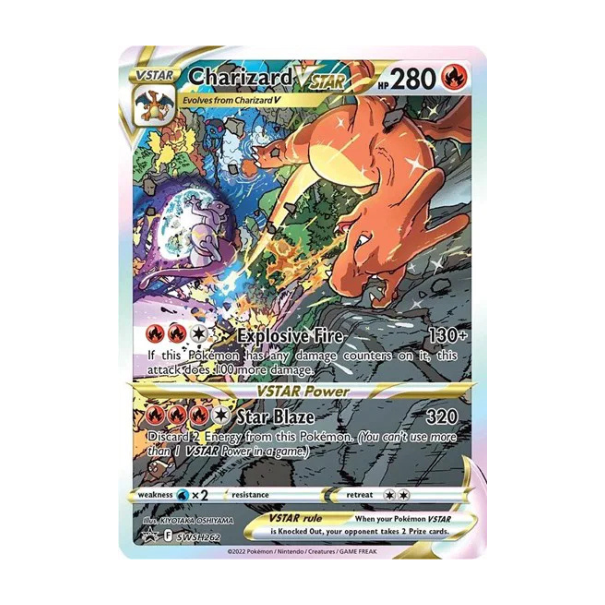 Colorful Charizard Vstar trading card featuring HP 280, attacks Explosive Fire and Star Blaze, with game mechanics displayed.