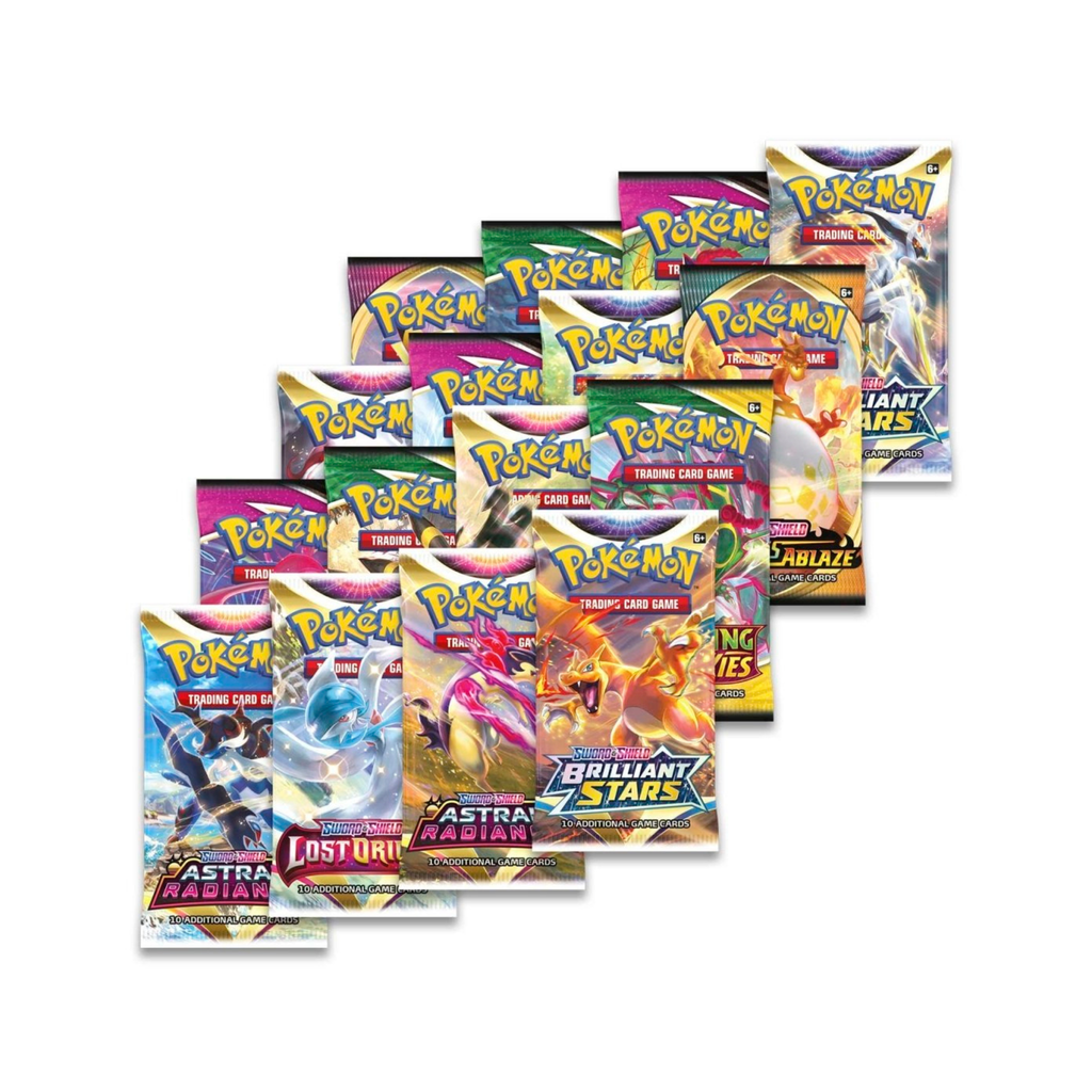Multiple booster packs from the Pokémon Trading Card Game, featuring designs like 'Astral Radiance' and 'Brilliant Stars.'