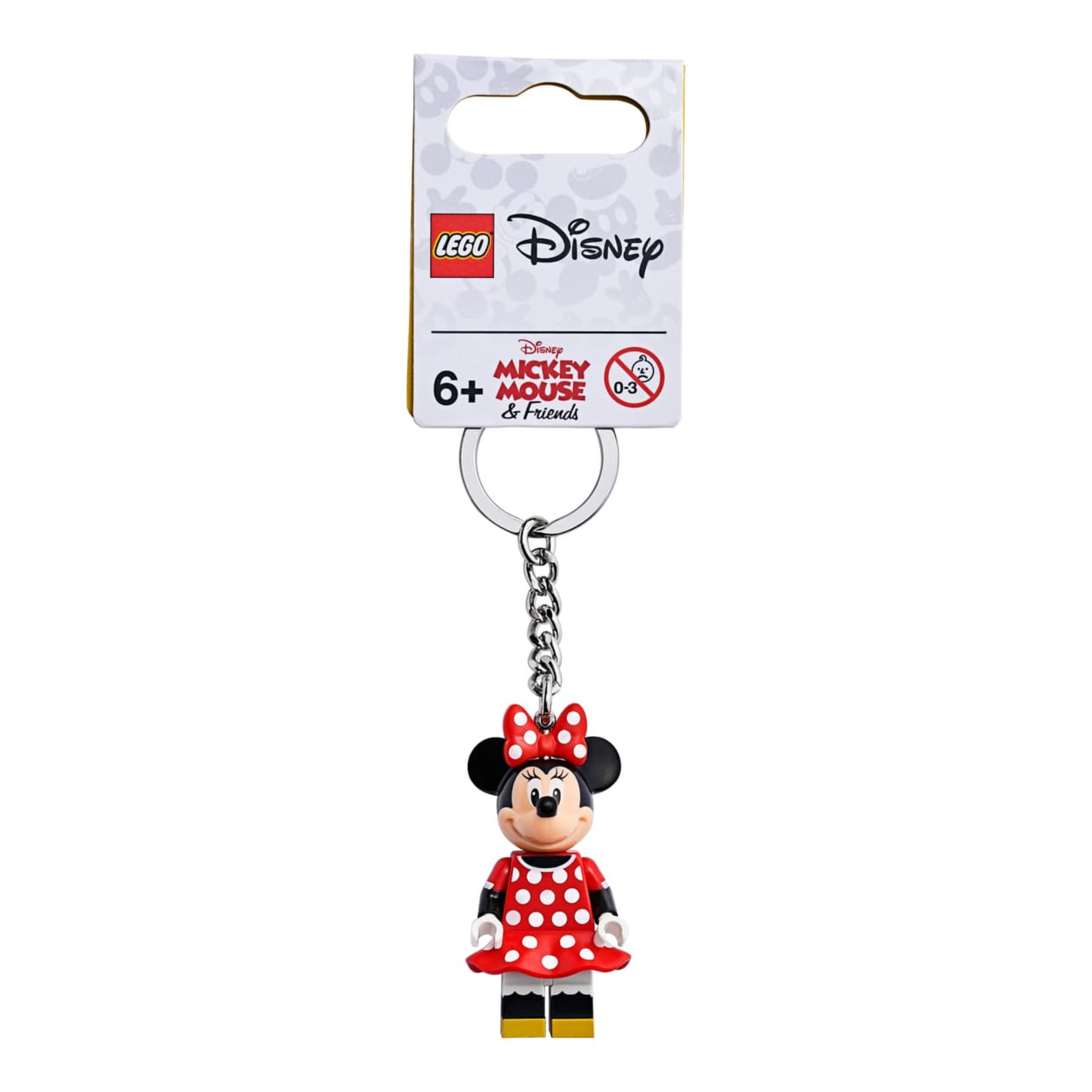 Minnie Mouse key chain featuring a figure in a red polka dot dress and bow, part of the Disney Mickey Mouse & Friends collection.